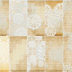 May include: A collage of nine images featuring vintage sheet music with delicate white lace overlays. The lace patterns are intricate and create a romantic and elegant aesthetic.