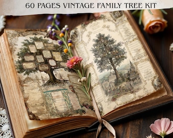May include: An open vintage family tree kit book with 60 pages. The pages feature detailed illustrations of family trees and architectural drawings. The book is adorned with flowers and a ribbon, creating a nostalgic and decorative aesthetic.