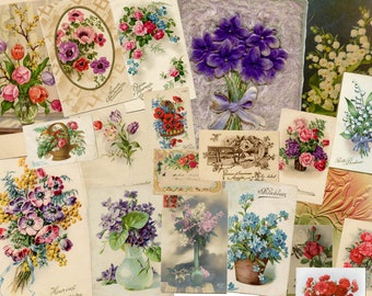 Vintage French Floral Postcards: Junk Journal Ephemera (Instant Download)