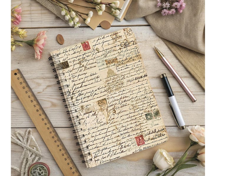 Pu&ograve; includere: Un taccuino a spirale con un design di lettere vintage, con francobolli e scritte a mano. Un righello di legno, penne e fiori sono disposti attorno al taccuino su una superficie di legno chiaro. La copertina del taccuino ha uno sfondo color crema.