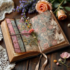 Könnte beinhalten: Ein offenes antikes Buch mit floral gemusterten Seiten und einem Schleifen-Lesezeichen. Die Seiten sind mit rosa und blauen floralen Designs verziert. Frische Blumen und Spitze sind um das Buch herum auf einer dunklen Holzoberfläche angeordnet.