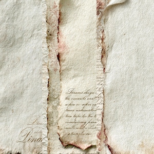 May include: A collection of off-white, textured paper sheets with torn, deckled edges. The paper features vintage-style cursive script, intricate floral scrollwork patterns in faded red and brown ink, and aged, stained edges with a weathered appearance.