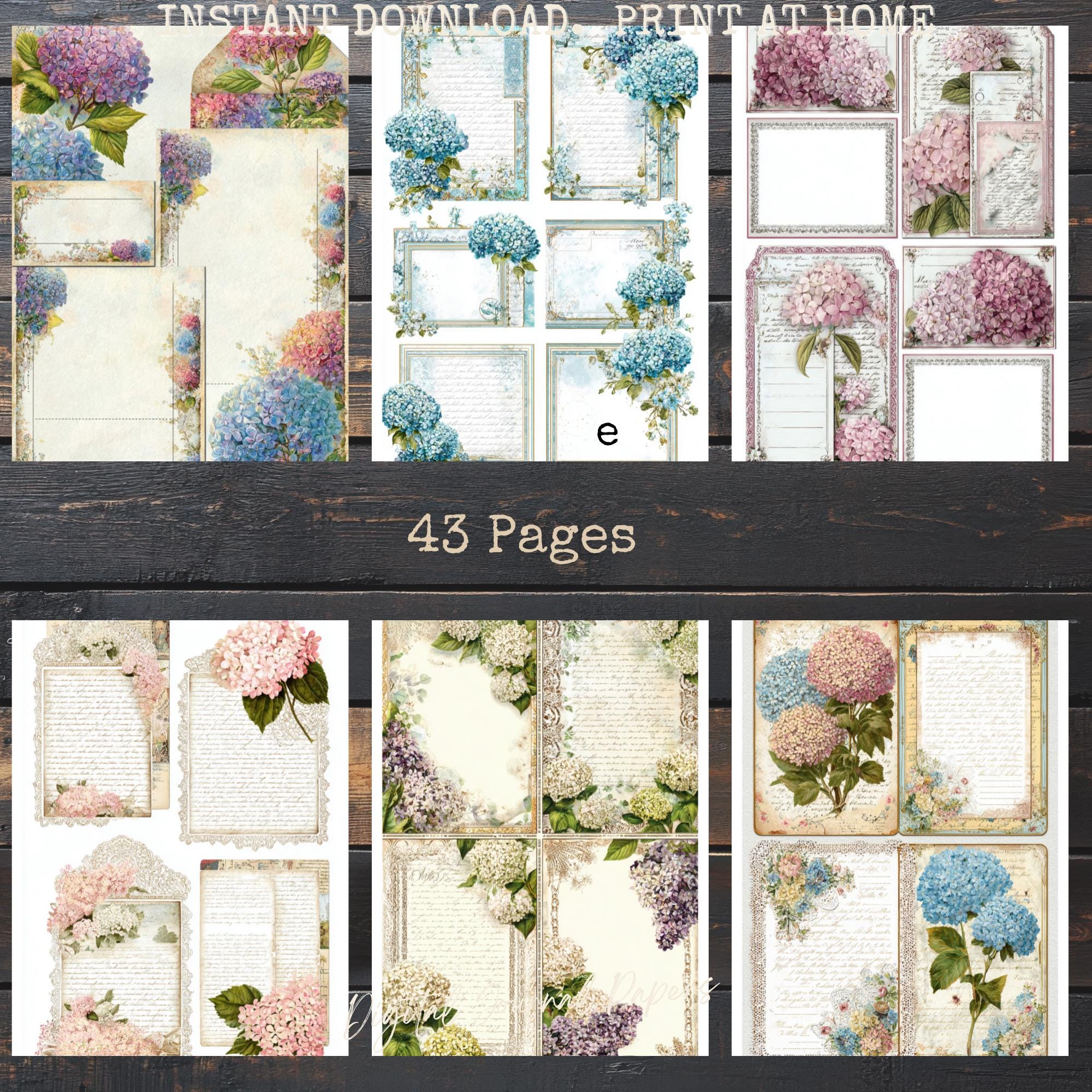 Vintage Hydrangea Junk Journal Kit, Floral Ephemera Paper Pack (43 ...