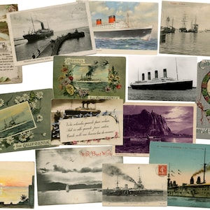 May include: A collection of vintage postcards featuring various ships and ocean scenes. The postcards showcase different styles, including black and white photographs and color illustrations, with greetings and messages.