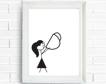 Coffee Wall Art For Kitchen Coffee Printable Wall Art for Kitchen Woman Stick Figure Coffee