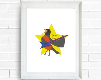 Printable Gift For Man Cave Rockin Robin Funny Wall Art Cartoon  Birdwatcher Gift Rock n Roll Musician
