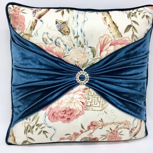 Lee Jofa Cotton Floral, Blue Velvet, Custom Decorative Bow Pillow, Aurora Borealis Accent, Colorful Throw Pillow, Accent Pillow, Size 20x20