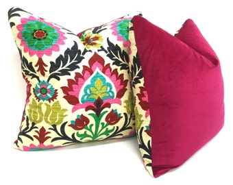 Multicolor Floral Pillow Cover, Pop of Color Floral Cotton Linen Blend Custom Decorative Pillow, Throw Pillow, Square Pillow Cover 22 x 22