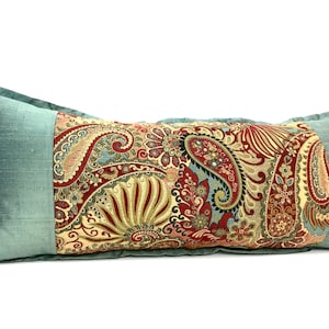 Paisley Custom Decorative Lumbar Pillow, Custom Rectangle Throw Pillow, Couch Toss Pillow, Green Satin Back, Turquoise Silk, Size: 36 x 14