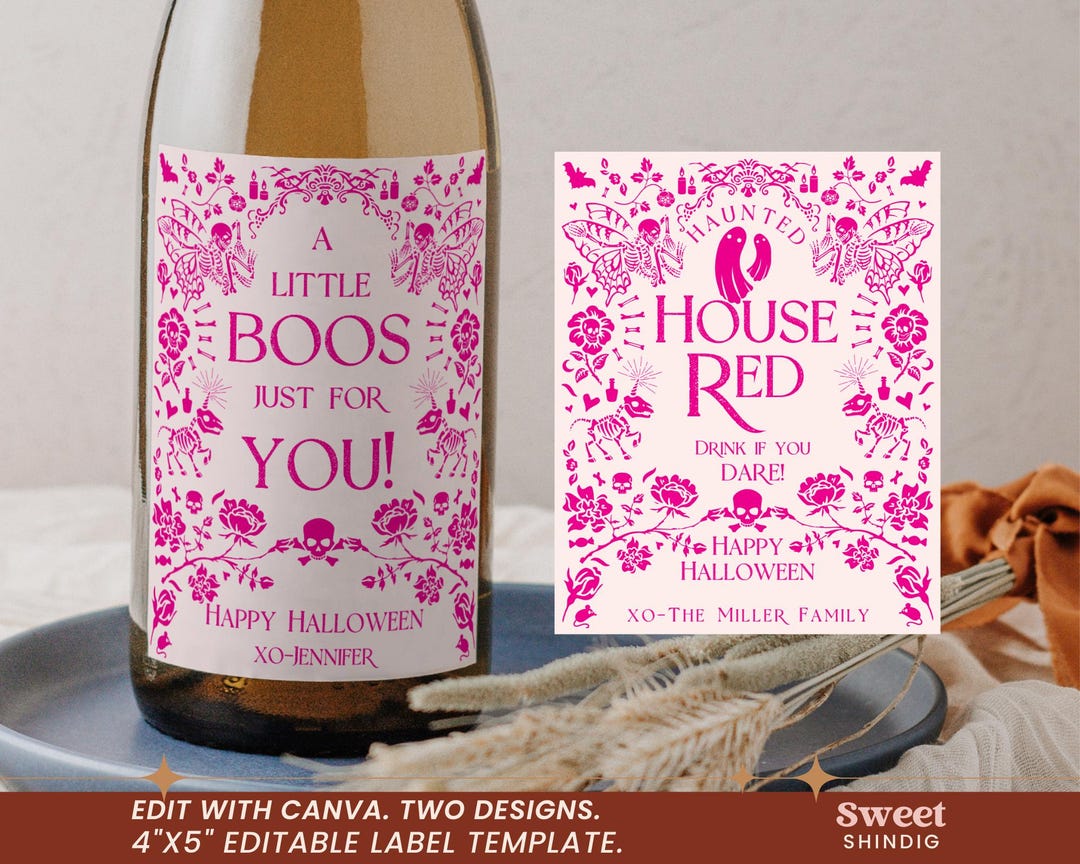 Editable Halloween Wine Label Pink Halloween Instant Download Canva - Etsy