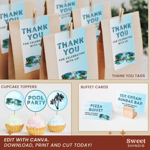 Pré-adolescents Teenage Boys | Tags de remerciement pour fête à la piscine | Décorations pour cupcakes | Cartes de buffet | Modèles modifiables | Toile