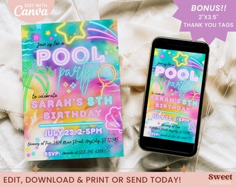 Pool Party Text Invitation, Teenage Party Invitation, Glow Party, Neon Tie Dye, Summer Swimming Pool Invitation, Canva,