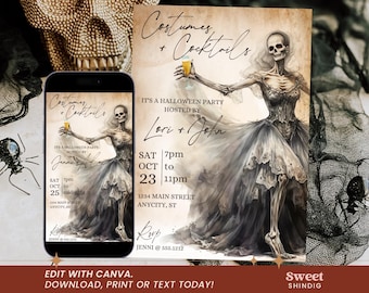 May include: A digital invitation for a Halloween party with a skeleton bride in a white gown holding a glass of champagne. The text reads "Costumes + Cocktails, It's a Halloween Party Hosted by Lori + John, Sat Oct 23, 7pm to 11pm, 1234 Main Street, Anycity, ST, RSVP Jenni @ 555.1212".