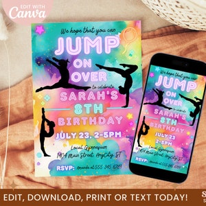 Gymnastics Birthday Party Invitation, Editable Template, Girls Rainbow Gymnastics Themed Invite, Instant Download