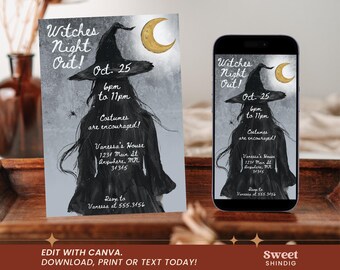 Noche de brujas, invitación editable para cóctel de Halloween, noche de chicas, noche de demonios