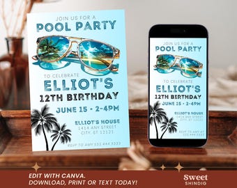 May include: A blue and white pool party invitation with sunglasses and palm trees. The invitation says "Join us for a pool party to celebrate Elliot's 12th birthday" with the date and time of the party. The invitation also includes the address and RSVP information.