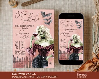 Invitación editable a una fiesta de cócteles de Halloween, disfraces y cócteles, noche de chicas, noche de fantasmas