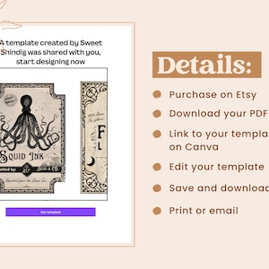 May include: A digital printable template for a label featuring a vintage illustration of an octopus with the text "Squid Ink" and "Bottled by: 667 Auld & Co.". The template is available for purchase on Etsy and can be edited in Canva.