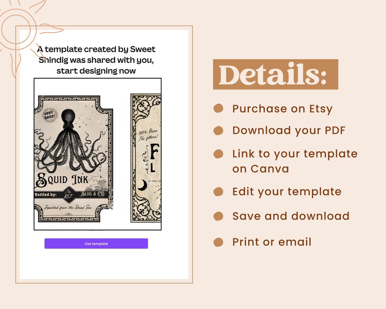 May include: A digital printable template for a label featuring a vintage illustration of an octopus with the text "Squid Ink" and "Bottled by: 667 Auld & Co.". The template is available for purchase on Etsy and can be edited in Canva.