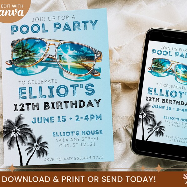 Tween Teen Teenage Boys B-day | Pool Party Invite | Editable Template | Editable Pool Birthday Invitation | Print or Text | Canva