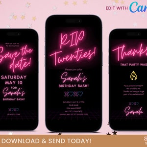 Pink Neon Light RIP Twenties, Canva Template, Mobile Invitation