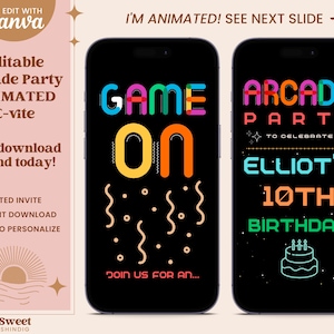 Editable Arcade Party Evite Template, Phone Invite Canva Invitation Text Message, Video Gaming Neon Glow