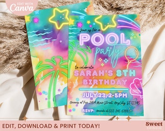 Editable Pool Party Birthday Invitation, Teenage Party Invitation, Glow Party, Neon Tie Dye, Summer Swimming Pool Invitation, Canva, 5x7