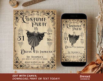 May include: A vintage-style Halloween costume party invitation. The design features a central illustration of a person in a bat costume, with the text "Join us for a Costume Party" and event details. The invitation is on a cream background.