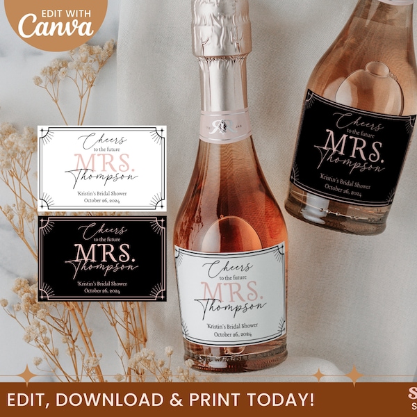 Editable Cheers to the future Mrs., Mini Champagne Bottle Labels, Bridal Shower, Canva