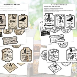 May include: Printable digital download of 10 vintage-style potion bottle labels with black and white illustrations. The labels feature names like "Squid Ink", "Frog Legs", "Crow's Feet", "Toxic Mushroom Powder", "Polyjuice Potion", "Beautification Elixir", "Pepperup Potion", and "Moth Wings".