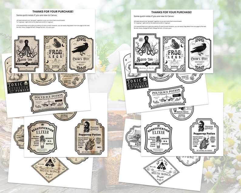 May include: Printable digital download of 10 vintage-style potion bottle labels with black and white illustrations. The labels feature names like "Squid Ink", "Frog Legs", "Crow's Feet", "Toxic Mushroom Powder", "Polyjuice Potion", "Beautification Elixir", "Pepperup Potion", and "Moth Wings".