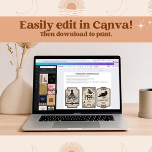 May include: A laptop computer screen displaying a Canva design template with a text overlay that says "THANKS FOR YOUR PURCHASE!" and three vintage style labels with illustrations of an octopus, a frog, and a crow. The labels have text that says "Squid Ink", "Frog Legs", and "Crow's Gift".