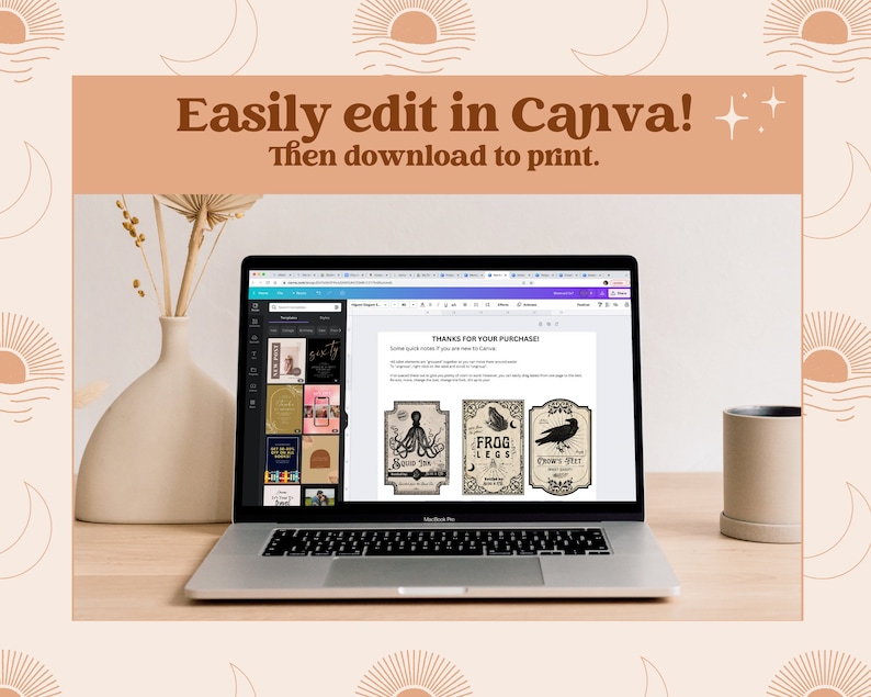 May include: A laptop computer screen displaying a Canva design template with a text overlay that says "THANKS FOR YOUR PURCHASE!" and three vintage style labels with illustrations of an octopus, a frog, and a crow. The labels have text that says "Squid Ink", "Frog Legs", and "Crow's Gift".
