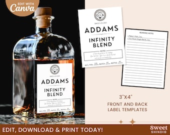 May include: Printable 3x4 inch front and back label templates for a bottle of "Addams Infinity Blend" liquor. The label features a black and white design with the text "Addams Infinity Blend" and a logo with the text "Since 3.25.2021". The back of the label has a section for blending notes.