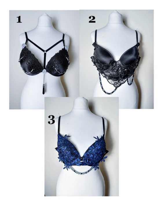 Black and Blue Lace Bra Underwire Push up Thin Padded 32C, Blue Lace  Appliques and Beads, Sexy Lingerie 