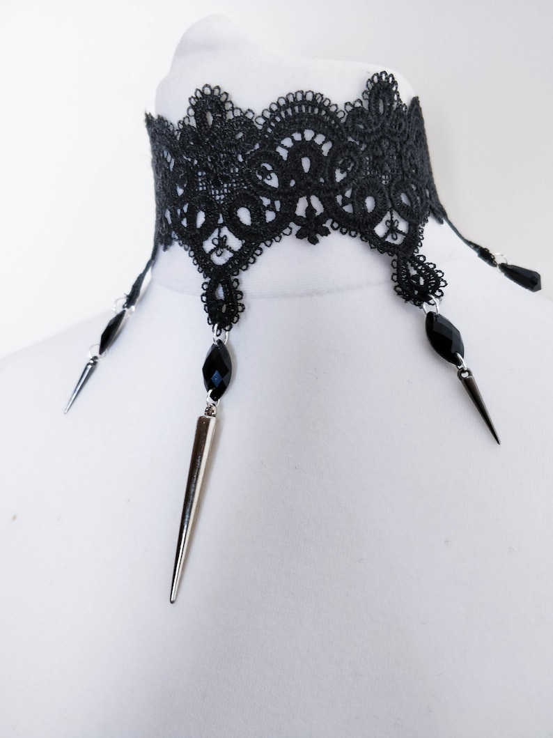 Black Elastic Velvet Choker Necklace With Heart Charm Blue Glass Heart Chains and Spike Pendant