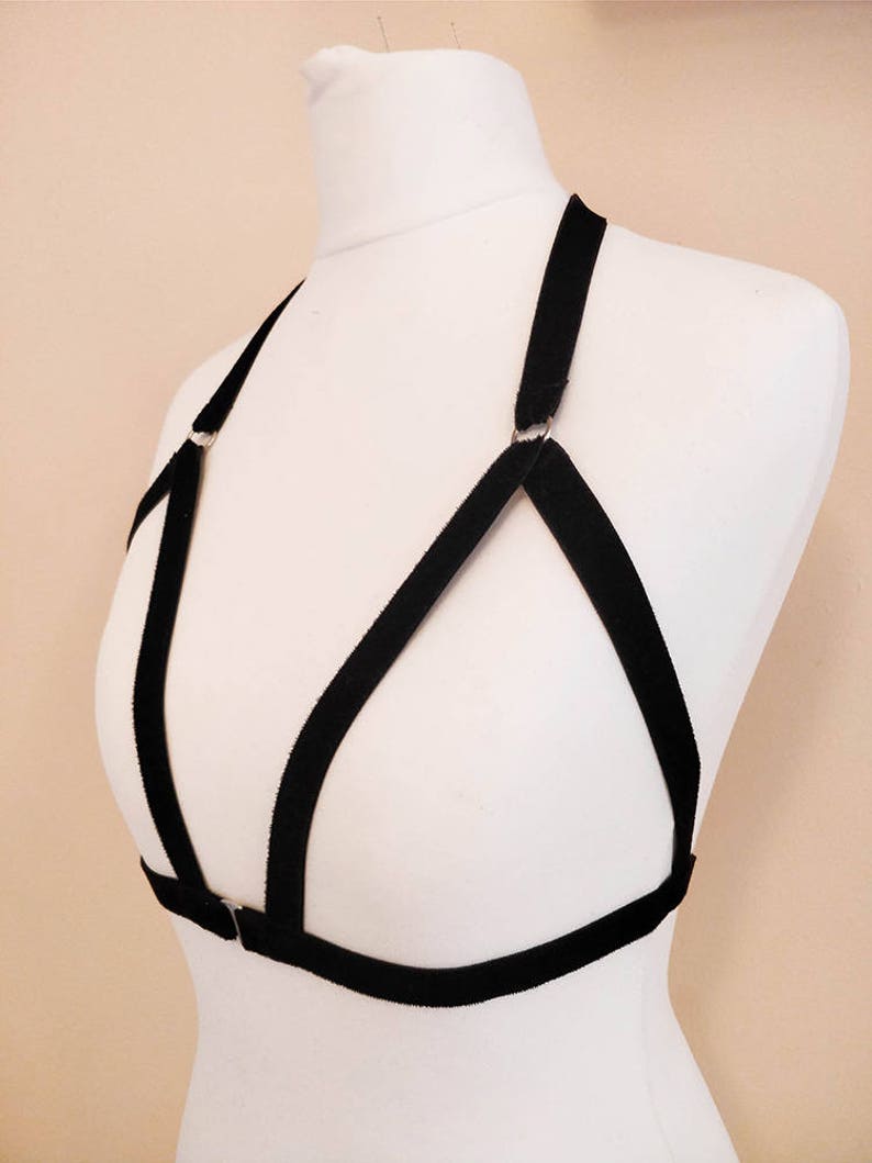 Elastic Lingerie Body Cage Black Velvet Harness Bra Lace Flower Applique