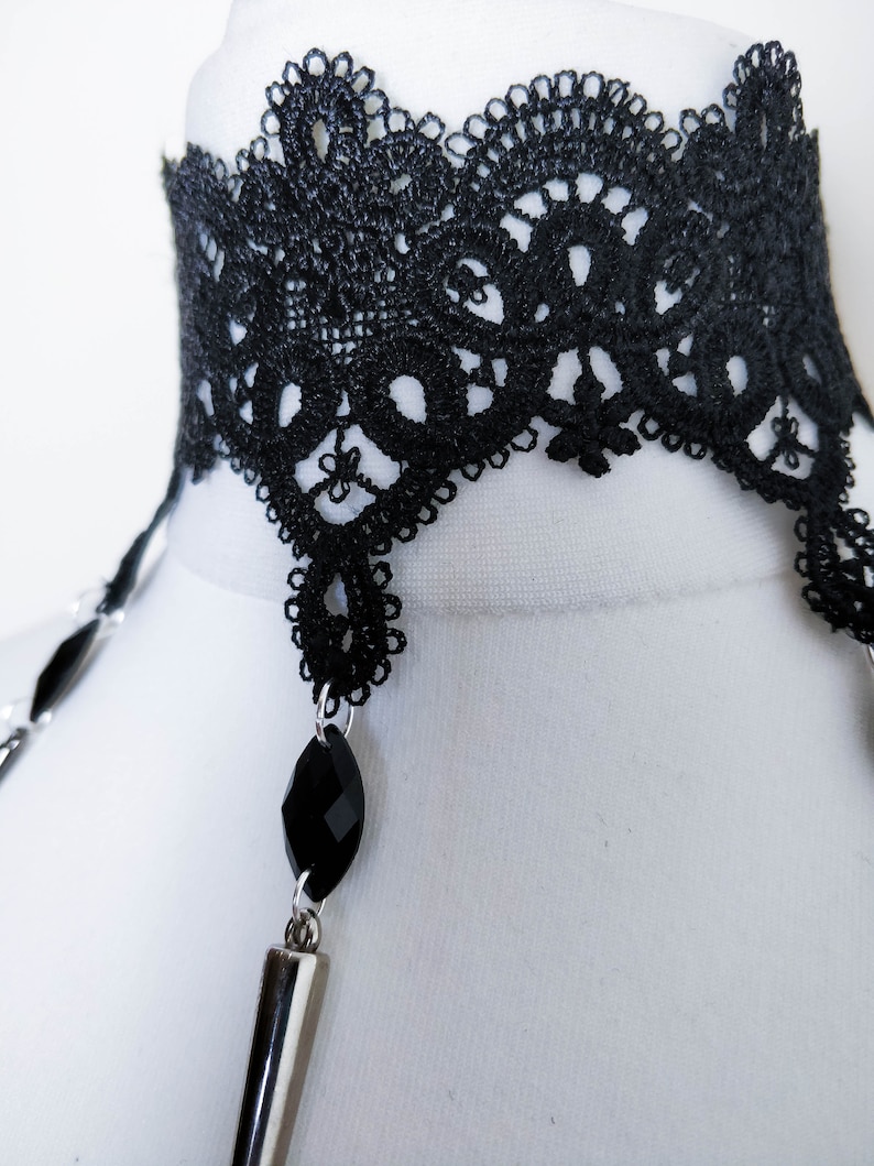 Black Elastic Velvet Choker Necklace With Heart Charm Blue Glass Heart Chains and Spike Pendant