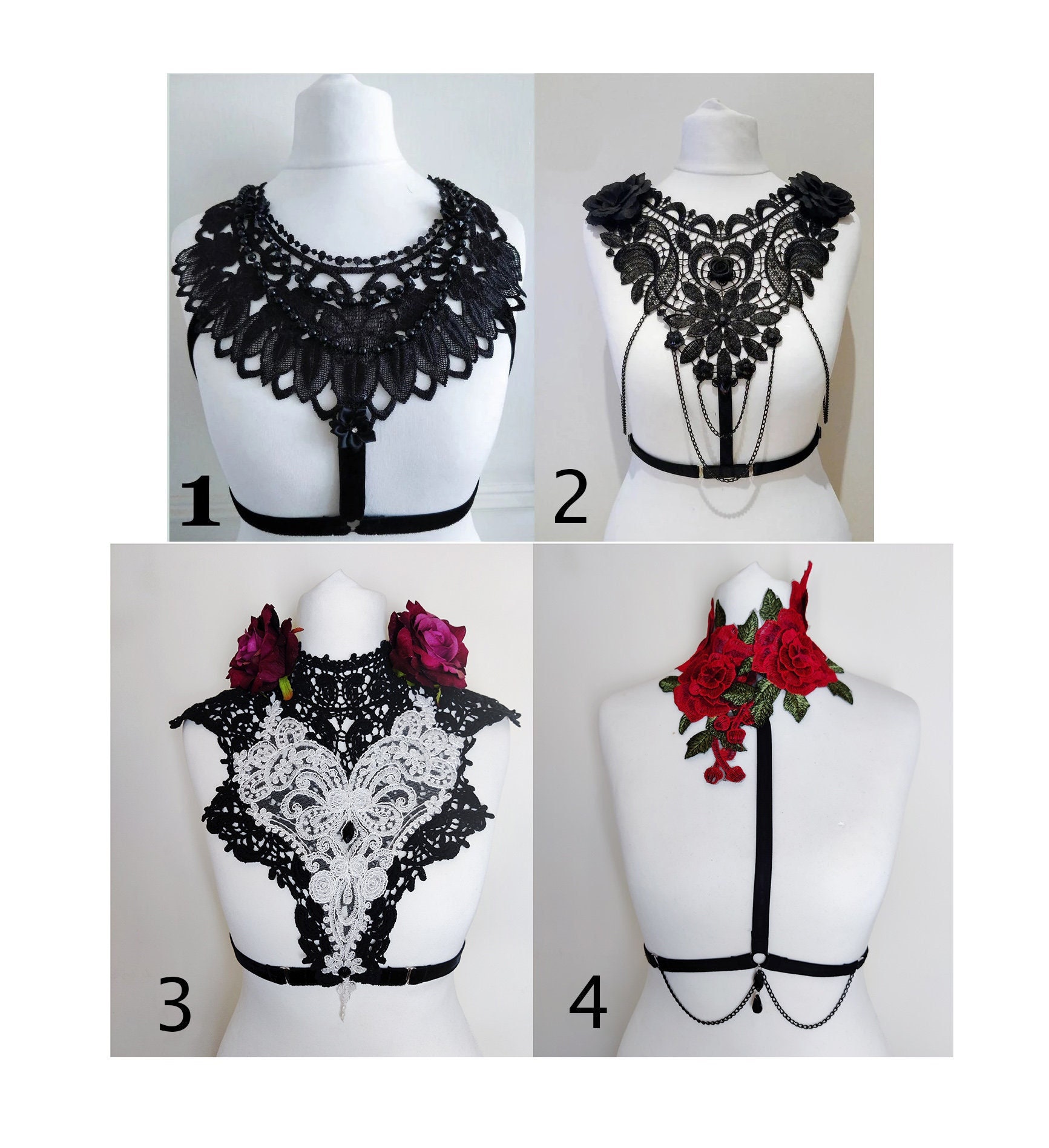 Black and Gold Velvet and Lace Harness Bra With Black Lace Applique on the  Front, Satin Roses and Pearls Necklace 