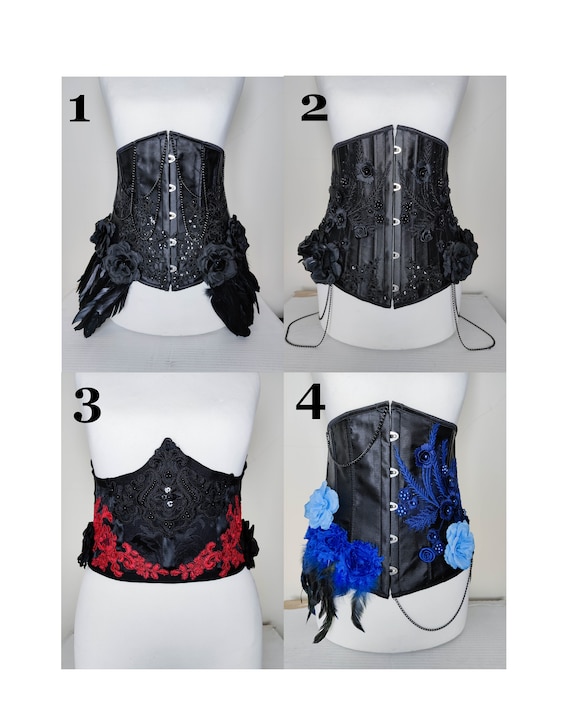 Black and Blue Lace Satin Underbust Corset With Fabric Roses, Beads, Lace  Appliques, Chains and Feathers -  UK