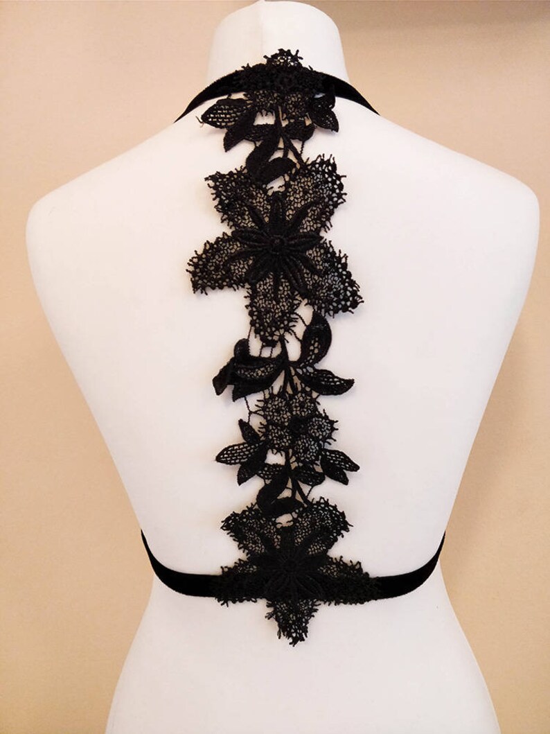 Elastic Lingerie Body Cage Black Velvet Harness Bra Lace Flower Applique