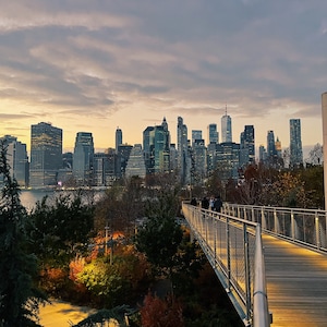 Peut inclure: Vue sur l'horizon de New York depuis un pont piétonnier. Le pont est en métal et en bois et possède une balustrade. L'horizon de la ville est en arrière-plan, avec de grands bâtiments et un ciel nuageux.