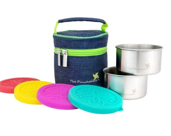 Cute Holiday Gift  | The Stackable Steel Lunch Box | Insulated bag | Set of 2 x 220ml containers with 2 Extra Silicone Lids in Vibrant Bag