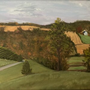May include: A painting of a rural landscape with a white house in the distance, a winding road, and a vineyard in the foreground.