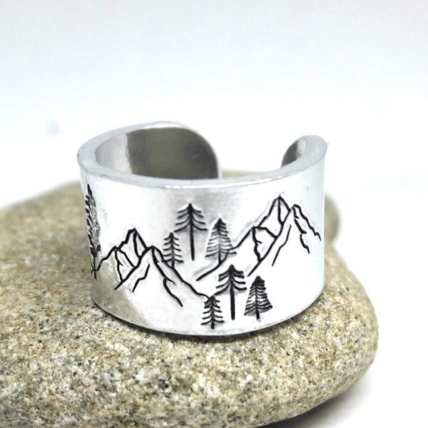 Mountain ring Natures gift Gifts for hikers Wide cuff ring Nature inspired jewelry Fashion ring for women Gifts for adventurers Hand stamped