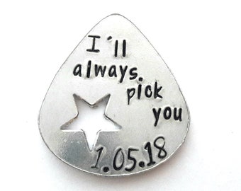 Birthday gifts for him Custom guitar pick keychain Birthday gift for girlfriend Guitar player gift Always pick you Hand stamped Personalized