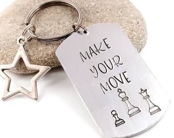 Make your move Chess player's gift King Queen Pawn Bishop Chess keychain Chess present Checkmate  Hand stamped Metal keyring