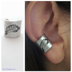 Ear cuff no piercing Peacock Feather earring Cartilage earring Ear wrap Feather jewelry Helix earring Hand stamped Fake piercing