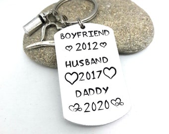 Pregnancy announcement to husband Pregnancy reveal to grandparents Hand stamped Family keepsake Personalised keyring Custom keychain