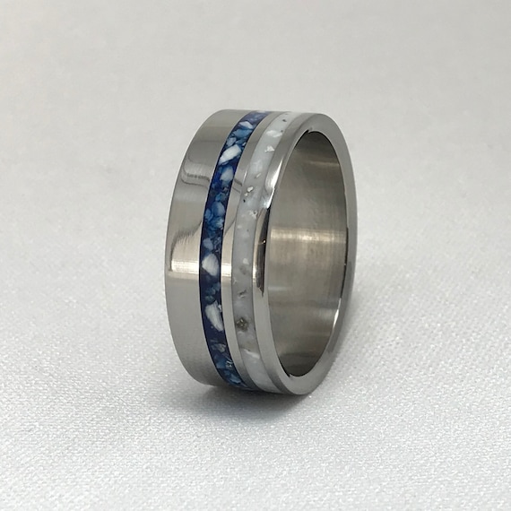 Cremation Ring White and Royal Blue Cremation Jewelry Oyster Shell